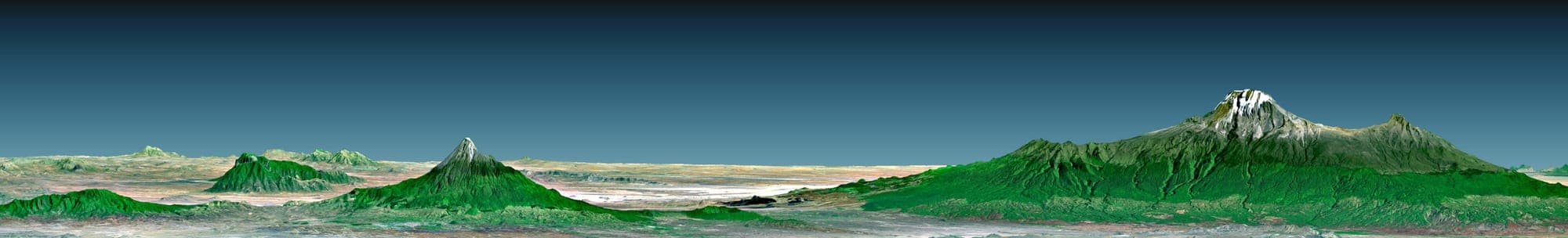 A three-dimensional rendering of Mount Kilimanjaro and Mount Meru built from radar elevation data and Landsat imagery